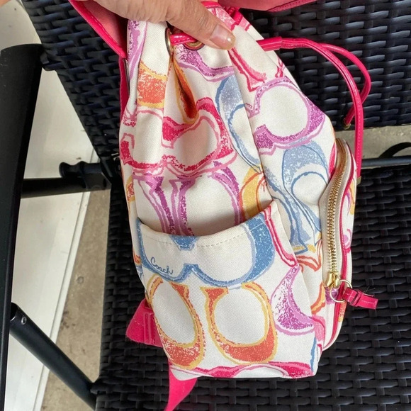 Coach Monogram Multicolor Canvas Leather Trim Scribble Poppy Backpack - Picture 10 of 15